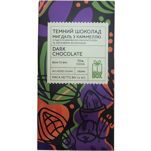 Плитка "Темний ШОКОЛАД мигдаль з карамеллю70%", 80 грам (веган) Плитка "Темний ШОКОЛАД мигдаль з карамеллю70%", 80 грам (веган)